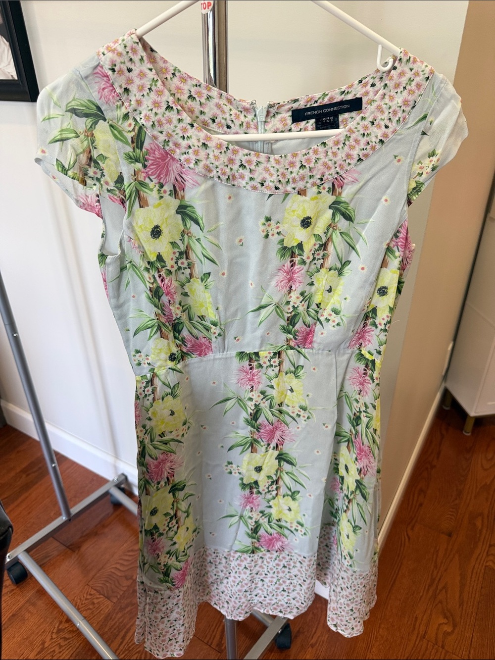 French Connection Pale Blue Floral Midi Dress with Pink and Yellow Blooms